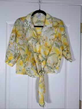 C by One Floral Tie-Front Blouse — Yellow & Green size medium
